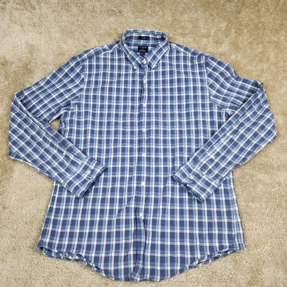 J Crew Shirt Mens L White Blue Plaid Check Flex Wash Button Up Slim A873